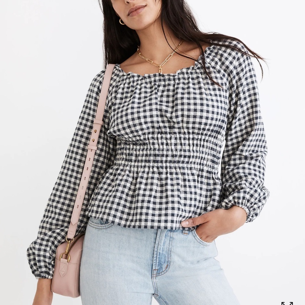 Madewell Black and White Gingham Smocked Peplum Blouse